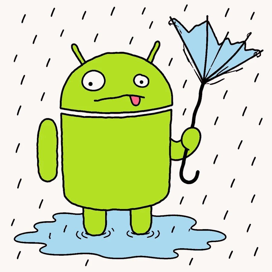 The robot in a puddle holding an umbrella blown inside out