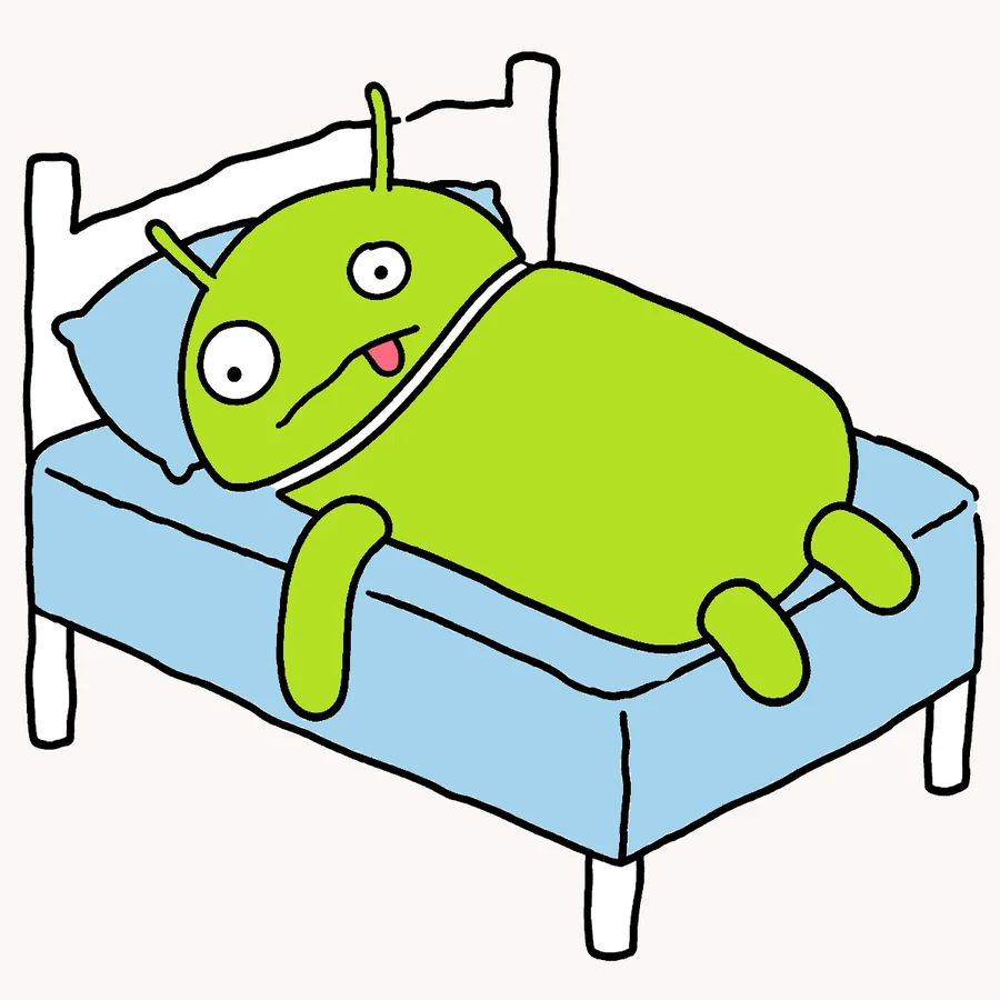 The robot lying face down on a bed with one arm hanging off
