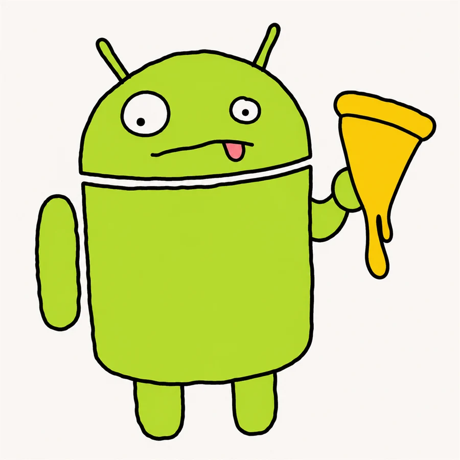 The robot holding a badly drooping slice of pizza