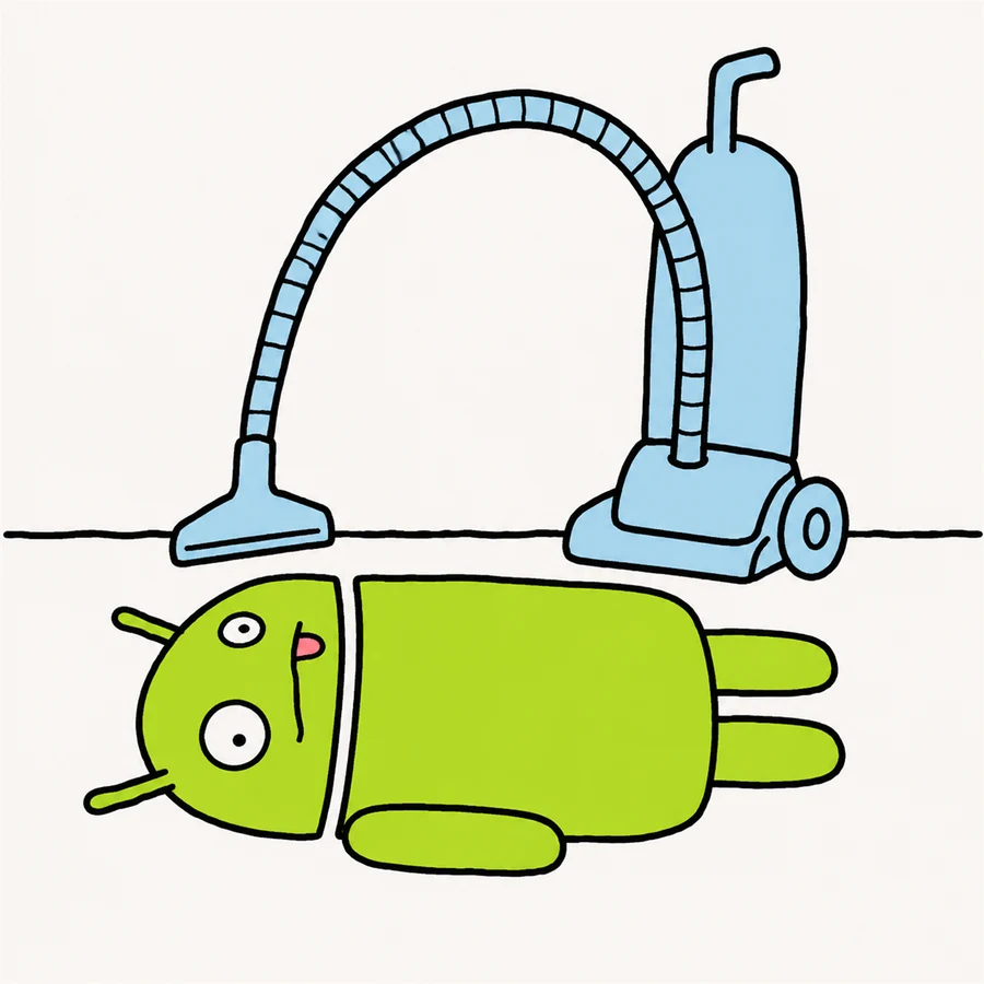 The robot flat on its back with a vacuum cleaner standing over it